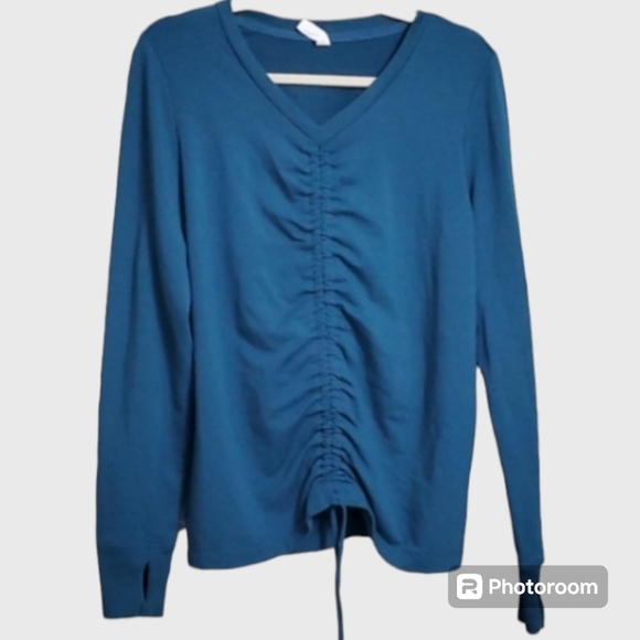 Ideology top women’s size medium blue cinch front crop long sleeve v-neck - Picture 1 of 12